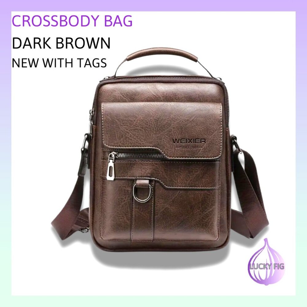 NWT  Dark Brown Faux Leather Crossbody Bag with Multiple Pockets -- 10 X 8 SIZE